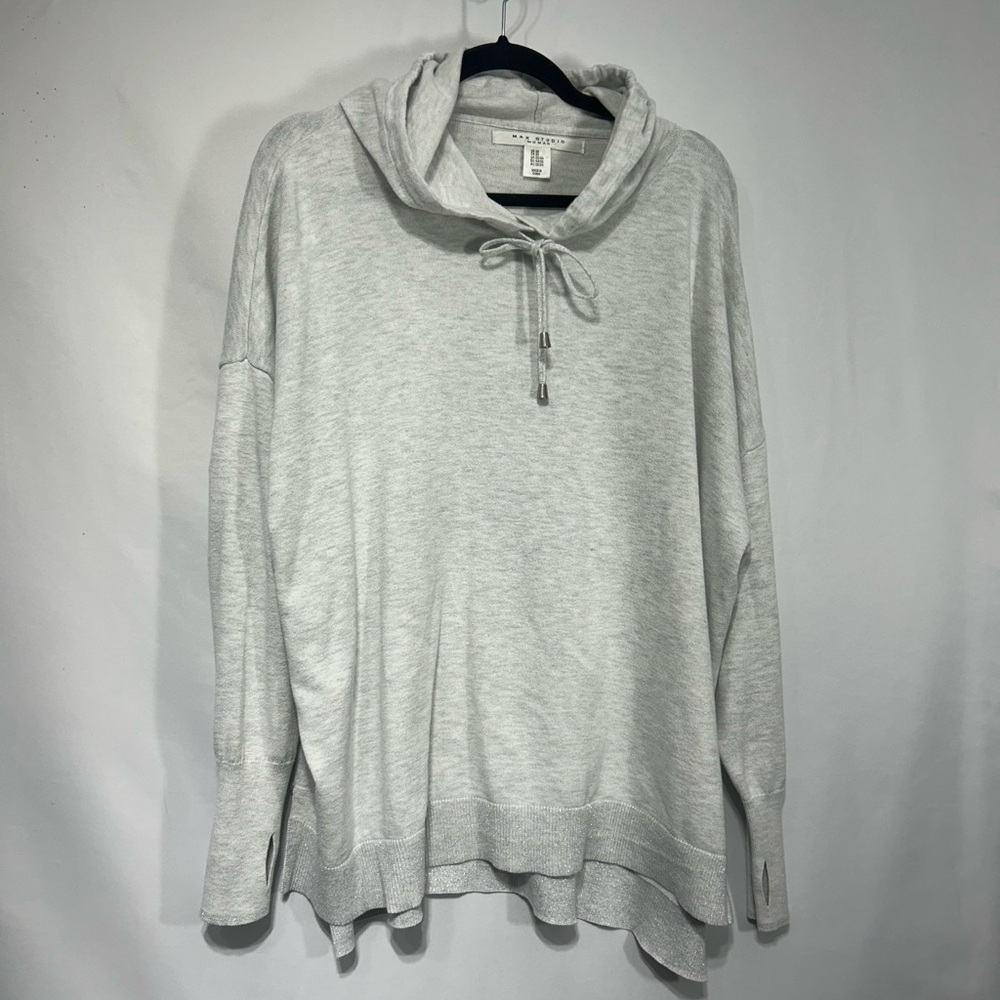 MAX STUDIO Light Gray Cowl Neck hooded Sweater. Split hem, metallic hemline.